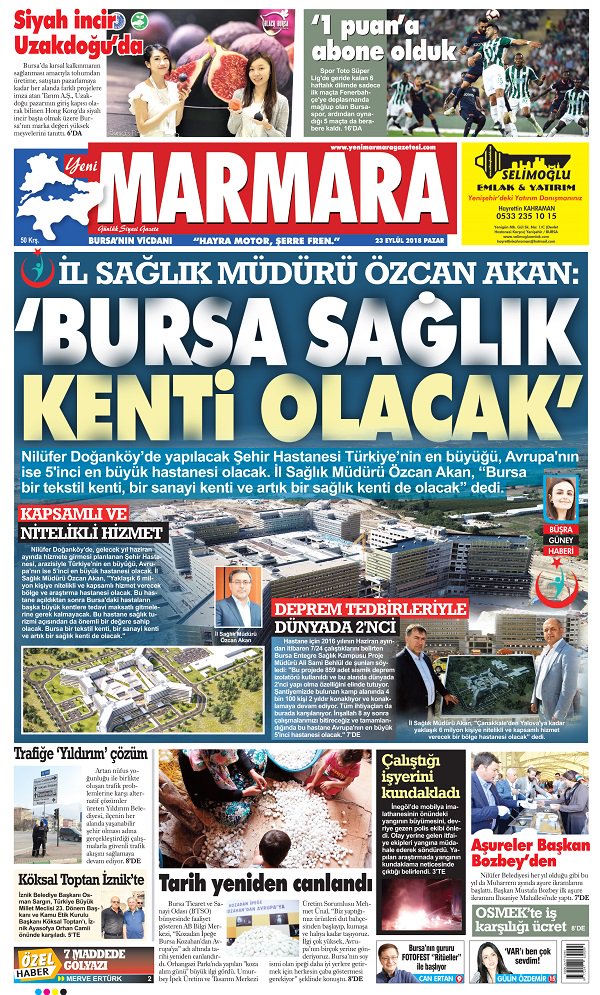 23 Eylül 2018 Pazar. Yeni Marmara Gazetesi 1. Sayfası. Gazetemizin 16 Sayfasının tamamını yüksek çözünürlüklü okumak için yenimarmaragazetesi.com adresine girip, "Gazetemizi Okudunuz mu? Hemen Tıklayın" bölümüne girebilirsiniz