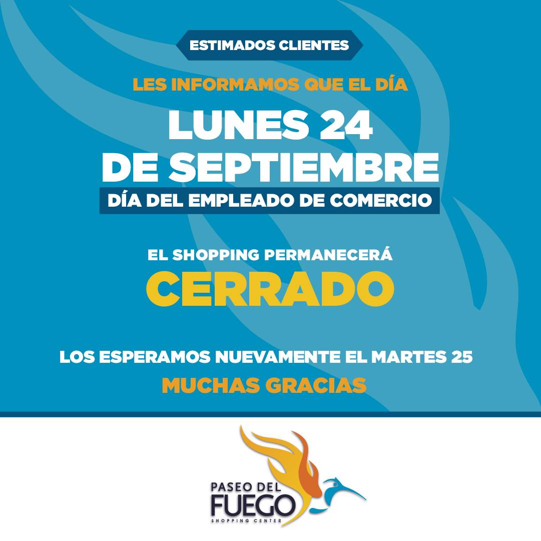 ⚠️El lunes 24 de septiembre con motivo del Día del empleado de comercio el shopping y todos sus locales, incluído el patio de comidas y el cine permanecerán cerrado. 
.
➡️Aprovechá el finde y visitanos con tu familia y amigos 😉
