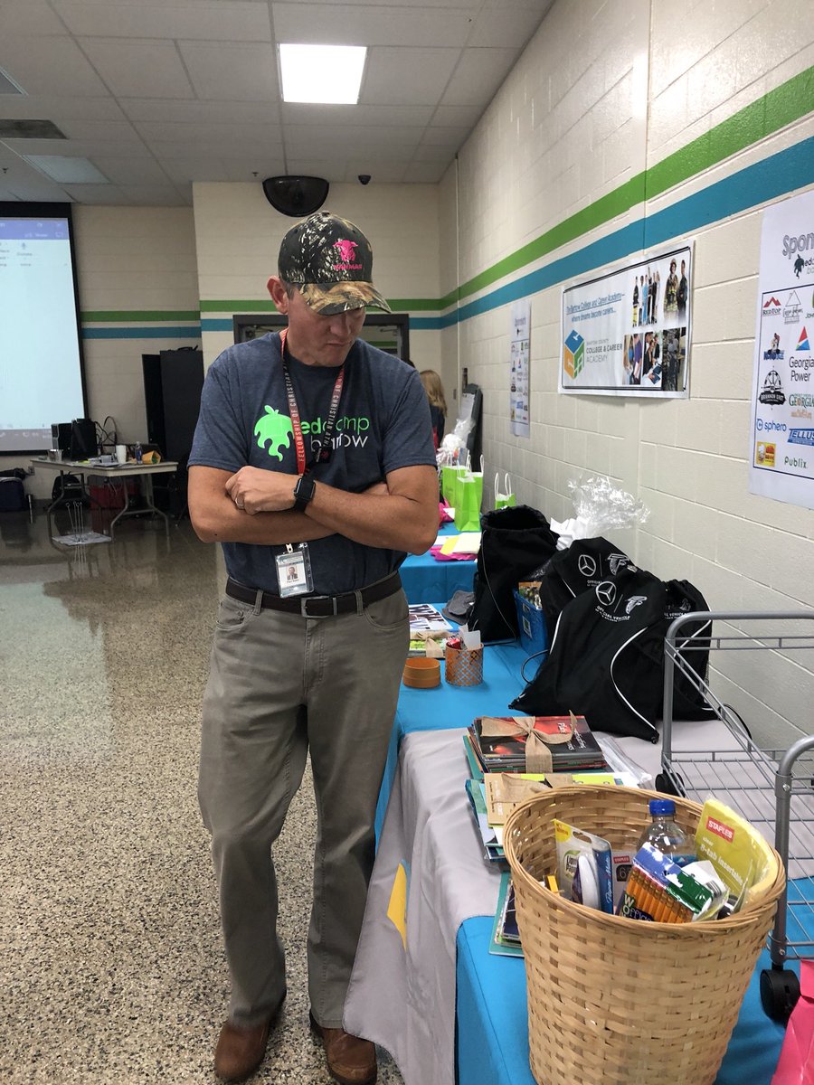 awbunce's tweet photo. Gifts from sponsors, schools and area businesses have served as door prizes!  Dr. Sabin enjoyed one of the hats from @YanmarAmerica! @bccca_careers @bartowschools #EdCampBartow #BCSSSuccess https://t.co/KdeSzIOwZj