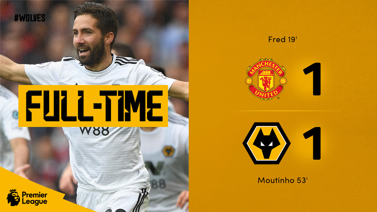 Wolves's tweet photo. FT | #MUN 1-1 #WOL 

Wolves battle to earn at point at Old Trafford as a wonderful Joao Moutinho strikes cancels out Fred's first half opener. Fantastic performance and thoroughly deserved draw. #MUNWOL 

⏱🐺 https://t.co/SSVMgM0U2G