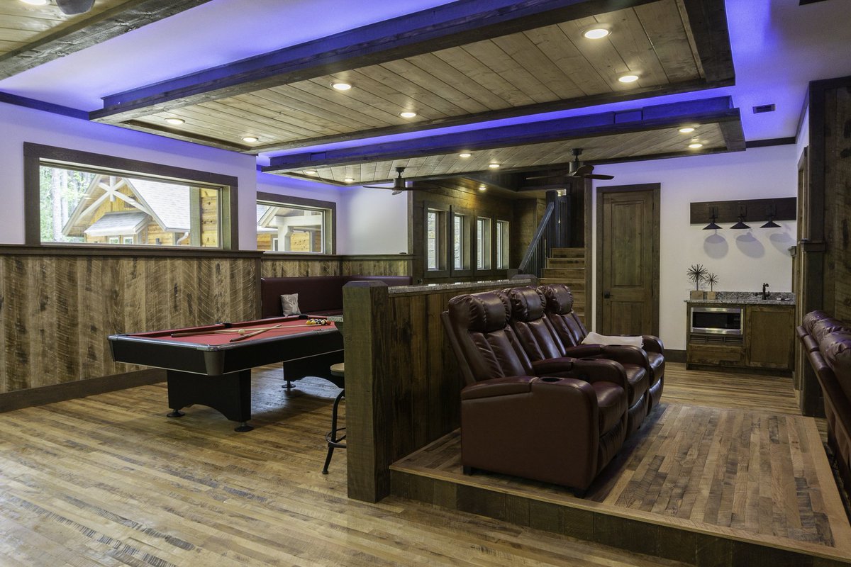 PinehurstLodge_'s tweet photo. Kick back and relax in our media room! Theatre styled seating with 85" television, pool table, wet bar, and all nestled amongst 90' pine trees in beautiful Broken Bow, Oklahoma...only thing missing is you! #visitOK #pinehurstlodge #brokenbow #hochatown #hurstcustomhomes #vacation https://t.co/qbxrOwBj9r