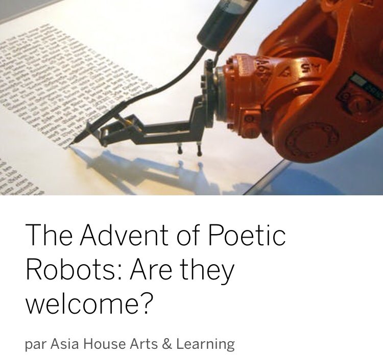 TCorneliusF's tweet photo. Is #AI creative? Does it service/disservice #creativity? We will chair on 27/11 @asiahouseuk a debate abt the advent of “Artificial Intellectuals” &amp; their output-robotically generated #poetry w/ @abolenator #EranHadas #YasuhiroYoshimoto @MarianneMgn https://t.co/Xyvx8Jr6qL https://t.co/BFaaP4SCaj