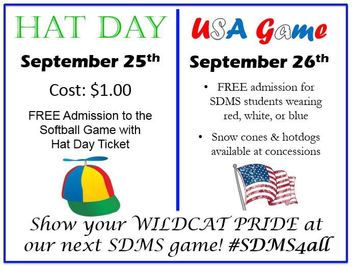 We've got an EXCITING week ahead in SDMS athletics! Home softball game Tues. at 4:00. SDMS students who purchase a Hat Day Ticket will get into the game for FREE! Home football game Wed. at 4:30. SDMS students who wear red, white, or blue will get into the game for FREE! 🐯🧢🇺🇸