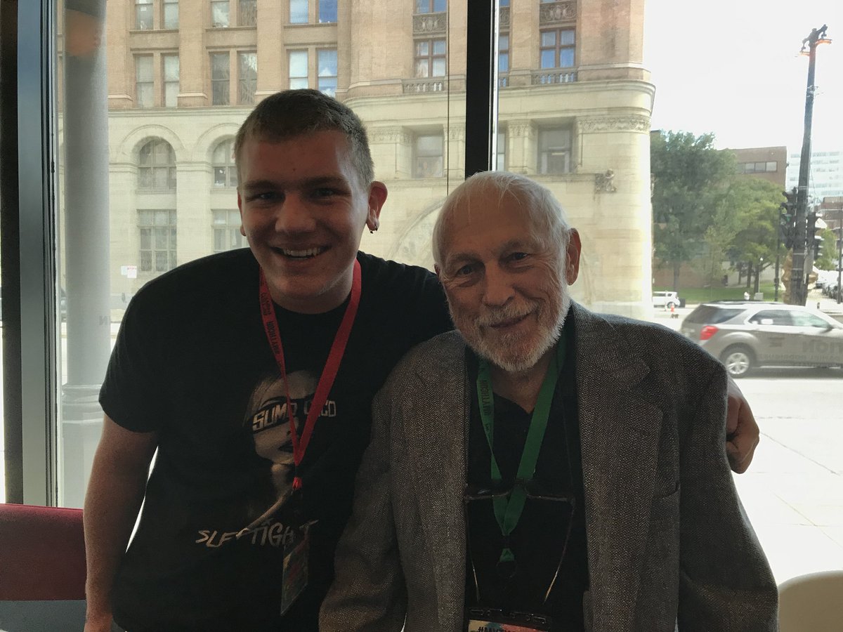 CurlyMcNulty's tweet photo. Me and @MiscavigeRon, father of David Miscavige, the current head of the church of Scientology. Very brave man, signed my book. #MythconV https://t.co/JiMP35LmVC