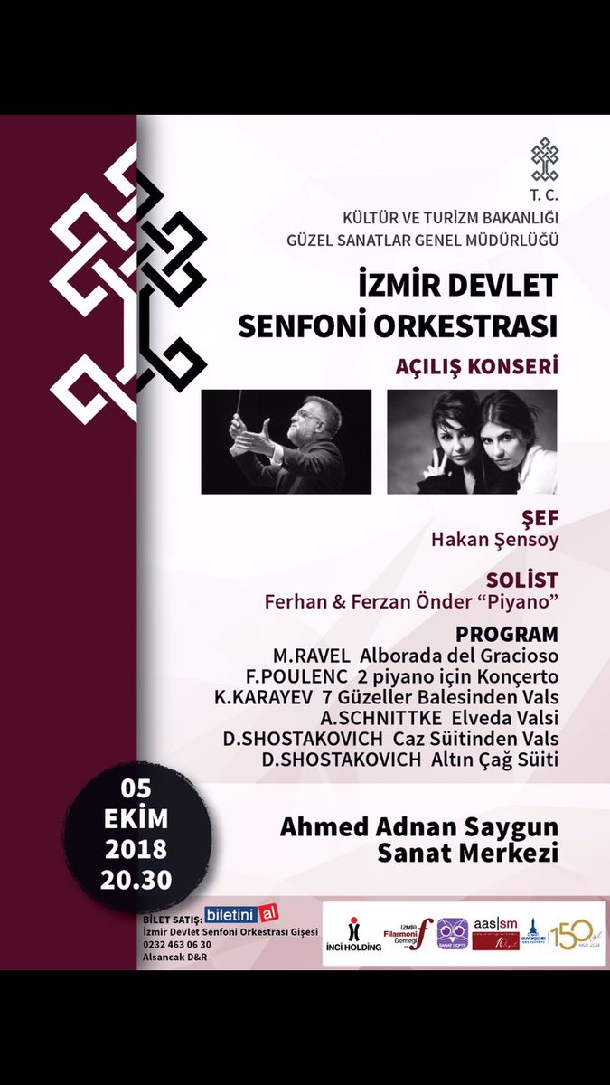 Değerli Sanatseverler...5 Ekim Cuma 20.30’da Ahmed Adnan Saygun Sanat Merkezi’nde 2018-2019 Sanat Sezonumuza başlıyoruz..Solist olarak Ferhan-Ferzan Önder’in bulunduğu Hakan Şensoy’un yönettiği açılış konserimize bekliyoruz..