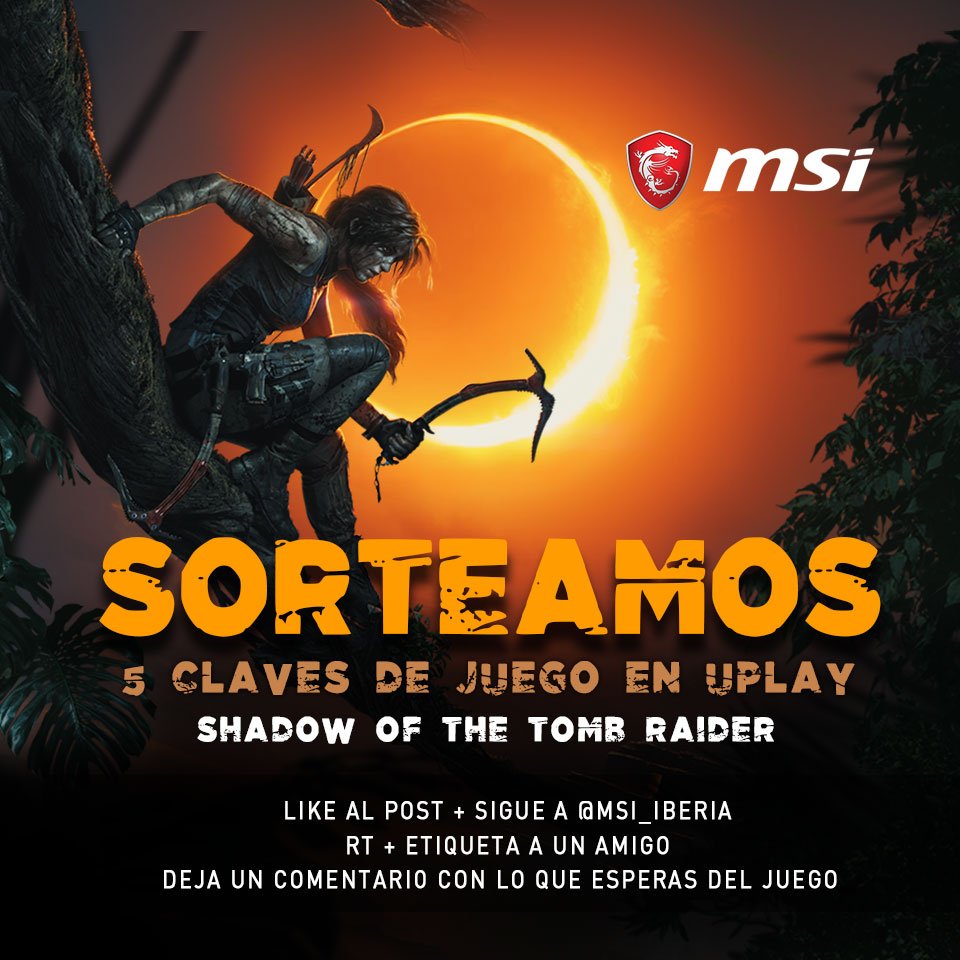 ⚠️¡ATENCIÓN SORTEAZO!⚠️
Sorteamos 5 claves para Shadow of the Tomb Rider. ¿A que esperas? ¡Participa y comparte!
Tenéis tiempo hasta el 29/09 para participar. 
🍀¡SUERTE A TOD@S! 🍀