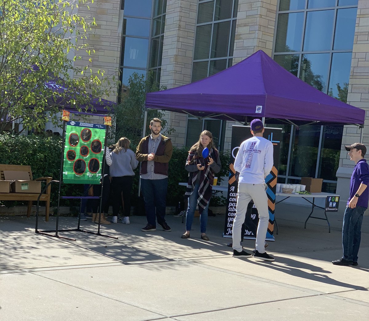 UofStThomasASC's tweet photo. Don’t forget about Purple on the Plaza this morning! CRU and the Association of Women in Science have fun giveaways and @USTSTAR is giving out food vouchers. 
Come and have some fun before the Tommies take on the Blugolds. Kickoff is at 1:10pm. https://t.co/Q250dOx8YI