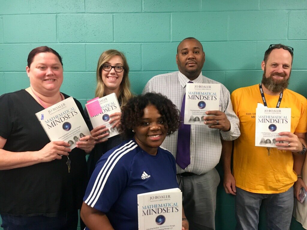 Started our Friday morning off right with a book study on Mathematical Mindsets! Glad seeing our conversation last year together turn into a reality this year @RagerGMS! Here’s to the journey! @joboaler @LendoziaEdwards @BeatrizESalgado @GMPmnps #standforduniversity