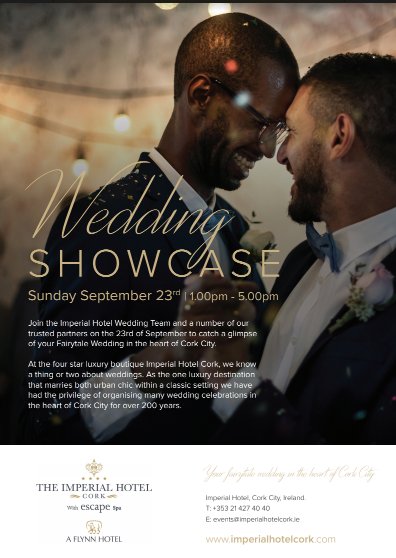 GoGayWedding's tweet photo. Join the Imperial Hotel Wedding Team @ImperialCork  and a number of our trusted partners on the 23rd of September to catch a glimpse of your Fairytale Wedding in the heart of Cork City.
#LGBT #LGBTQ #gogaywedding #samesexwedding #gaywedding
Wedding celebrations in #Cork https://t.co/OiKW0SuDFS