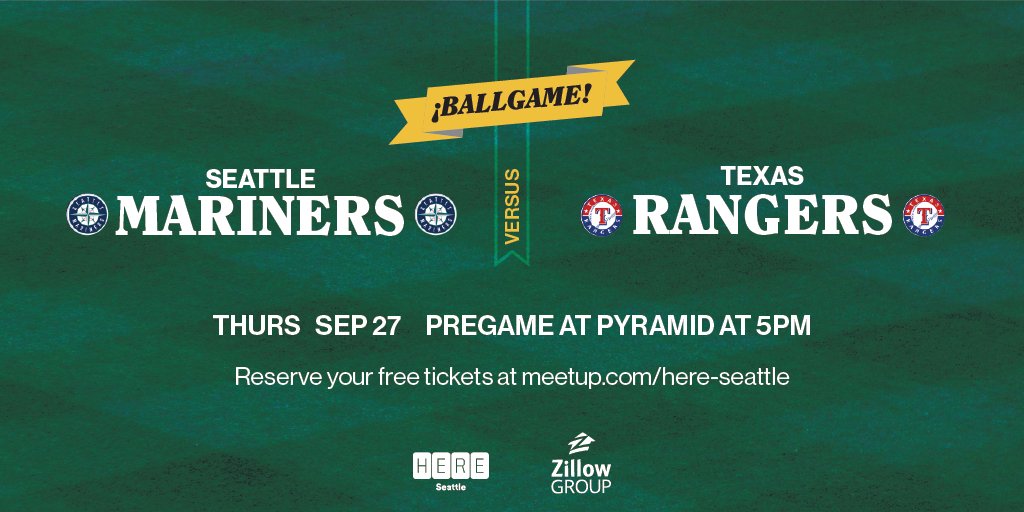 Join HERE Seattle and <a href="/ZillowGroup/">Zillow Group</a> for a fun and festive evening at the Ballpark Thursday, September 27 as the <a href="/Mariners/">Seattle Mariners</a> take on the <a href="/Rangers/">Texas Rangers</a>! RSVP to reserve your ticket ow.ly/wH9350ijLNX