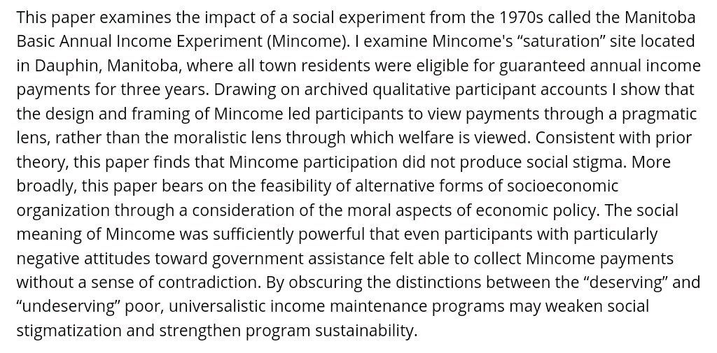 1) "The design and framing of Mincome led participants to view payments through a pragmatic lens, rather than the moralistic lens through which welfare is viewed… this paper finds that Mincome participation did not produce social stigma." http://onlinelibrary.wiley.com/doi/10.1111/cars.12091/full  #BasicIncome