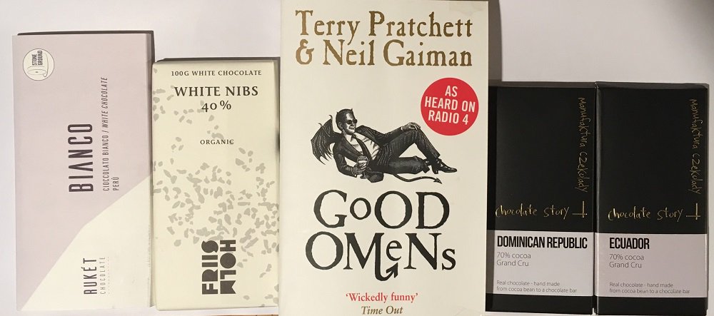 Not all is black &amp; white in the fight between good &amp; evil in our #Louth Coven #bookclub choice Good Omens but we find a surprisingly good representation of Aziraphale &amp; Crowley's curious relationship in amongst our #finechocolate pairings with <a href="/MikkelFriisHolm/">Mikkel Friis-Holm</a> White Nibs bar...