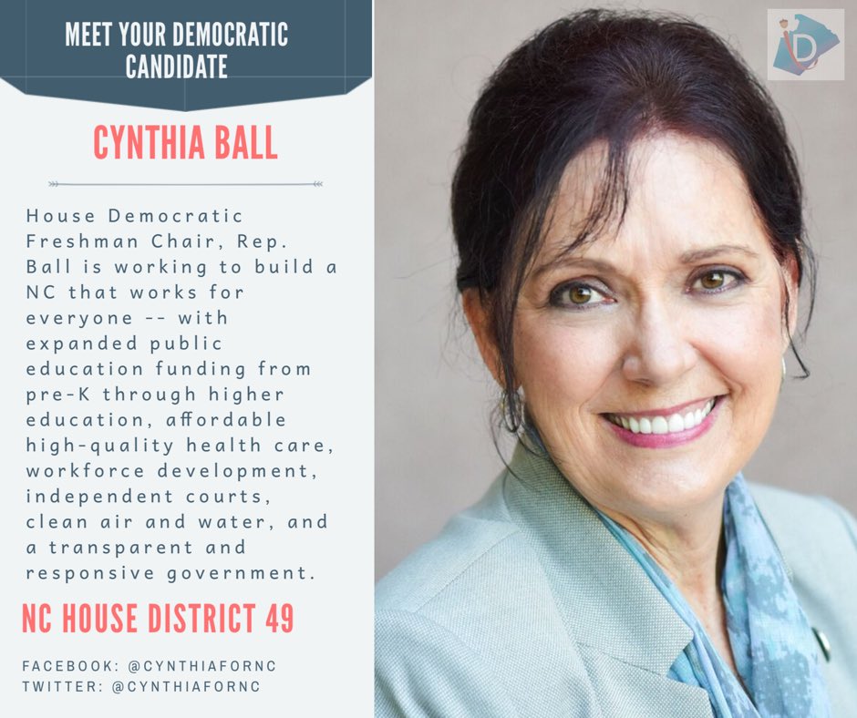 wakedems's tweet image. Meet Representative Cynthia Ball ➡️ she is committed to finding common ground in addressing issues in NC, believes NC should be a leader in education, job creation, and good government. Get to know her here ! 
#ncpol #turnncblue #wcpol #getoutthevote #earlyvoting