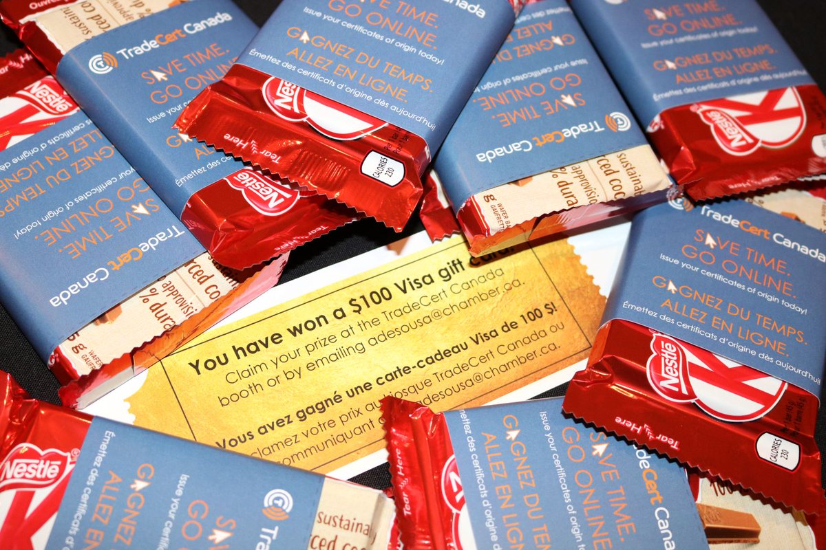 CdnChamberofCom's tweet photo. Come visit our @Tradecert expo booth at the #CCCAGM18 tomorrow for a chance to find a golden ticket underneath your chocolate treat! https://t.co/awn3Amh5AH