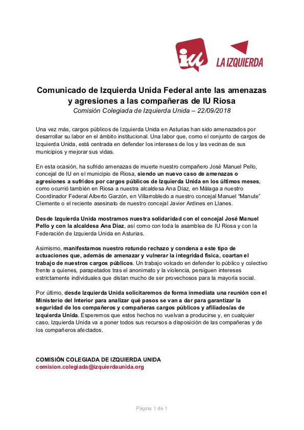 IzquierdaUnida's tweet photo. ‼️Izquierda Unida Federal condena las amenazas y agresiones a compañeras de @iuriosa y solicita una reunión urgente con el Ministerio del Interior para analizar qué pasos se van a dar para garantizar la seguridad de sus cargos públicos y militantes https://t.co/YeHfgK5ECZ https://t.co/PaDtg5OgEU