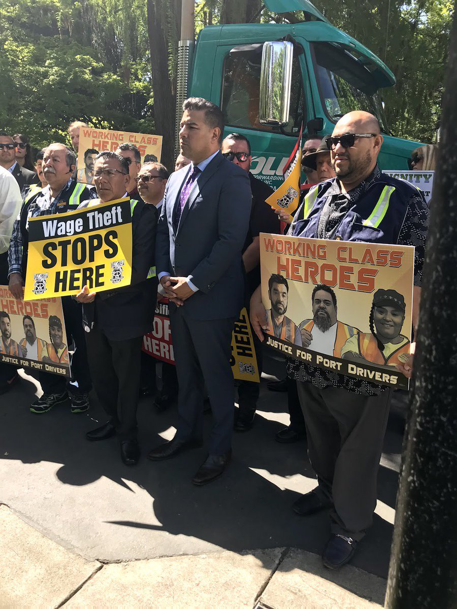 ICRicardoLara's tweet photo. California doesn’t MOVE without our port truck drivers. #SB1402 is about restoring good jobs for workers at our ports. #WorkingClassHeroes LEFT BEHIND NO MORE! #SB1402 @CaliforniaLabor https://t.co/TgbmYzPPNu