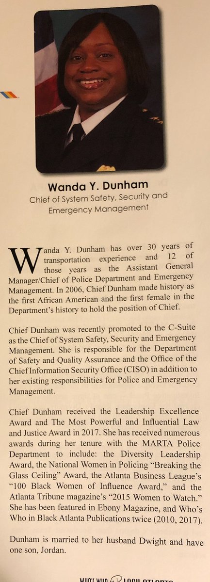 MARTAPolice's tweet photo. MPD Chief Wanda Dunham was featured in the Who's Who in Black Atlanta 2018 edition.  Check out page 111 to read about her accomplishments. https://t.co/XXAI8lLoTO