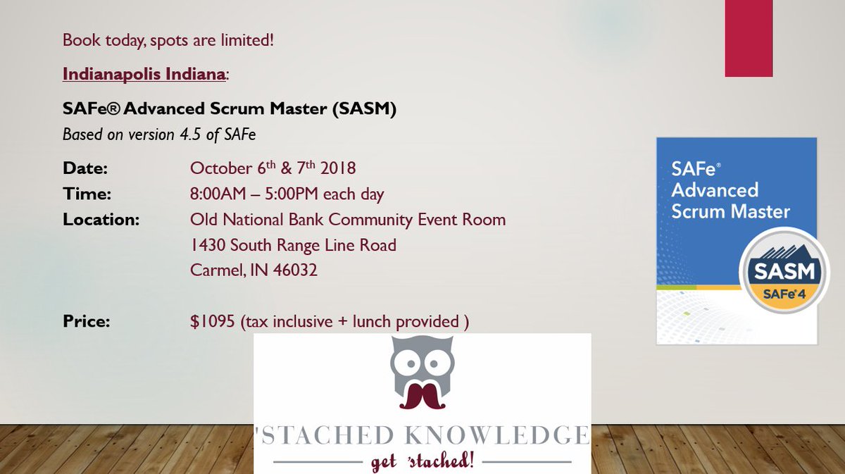 StashedKnow's tweet photo. Scrum Masters - enhance your agile team, program, and enterprise success in your SAFe Implementations by registering for the Advanced Scrum Master course! https://t.co/X2AoE7mwDQ Register today as spots are running out! #SAFe #LeanAgile #SASM #ScaledAgile https://t.co/ltAHpZZlQQ