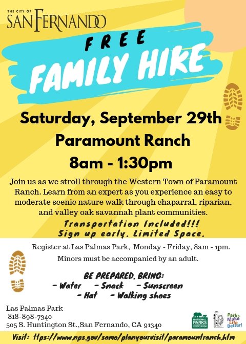 fitsanfernando's tweet photo. There's still space available, join us for a #FREE Family Hike through the Western Town of Paramount Ranch. Transportation is included! Call #LasPalmasPark to register or for more info: (818) 898-7340 https://t.co/WwVHYAG9Mv
