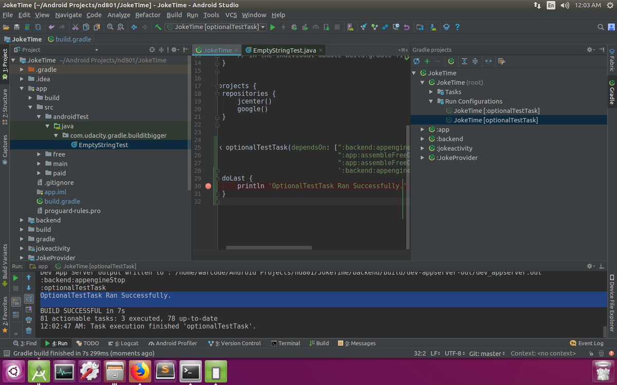 Ankit (@hrank8t) on Twitter photo Configure Test Task - Complete.
Had to revise starting few lessons of Gradle to complete it.
Tomorrow: Testing on Small and Large Devices, UI/UX and Submit for Review.
#UdacityAndroidNanodegree #GISProjectChallenge2k18 <a href="/akshtjn/">Akshit Jain</a> <a href="/Google/">Google</a> #GoogleUdacityIndiaScholars <a href="/GoogleIndia/">Google India</a> Configure Test Task - Complete.
Had to revise starting few lessons of Gradle to complete it.
Tomorrow: Testing on Small and Large Devices, UI/UX and Submit for Review.
#UdacityAndroidNanodegree #GISProjectChallenge2k18 <a href="/akshtjn/">Akshit Jain</a> <a href="/Google/">Google</a> #GoogleUdacityIndiaScholars <a href="/GoogleIndia/">Google India</a>