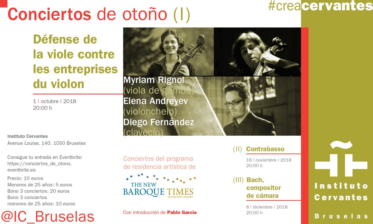 🗓️ Concierto, el 1/10 (20h): 'Défense de la viole contre les entreprises du violon' 

🎶 Duelo musical entre la viola de gamba y el violonchelo a cargo de músicos de <a href="/TNBTensemble/">The New BaroqueTimes</a> 

🎟️ Abonos y entradas para los 3 "Conciertos de otoño": bit.ly/conciertosIC