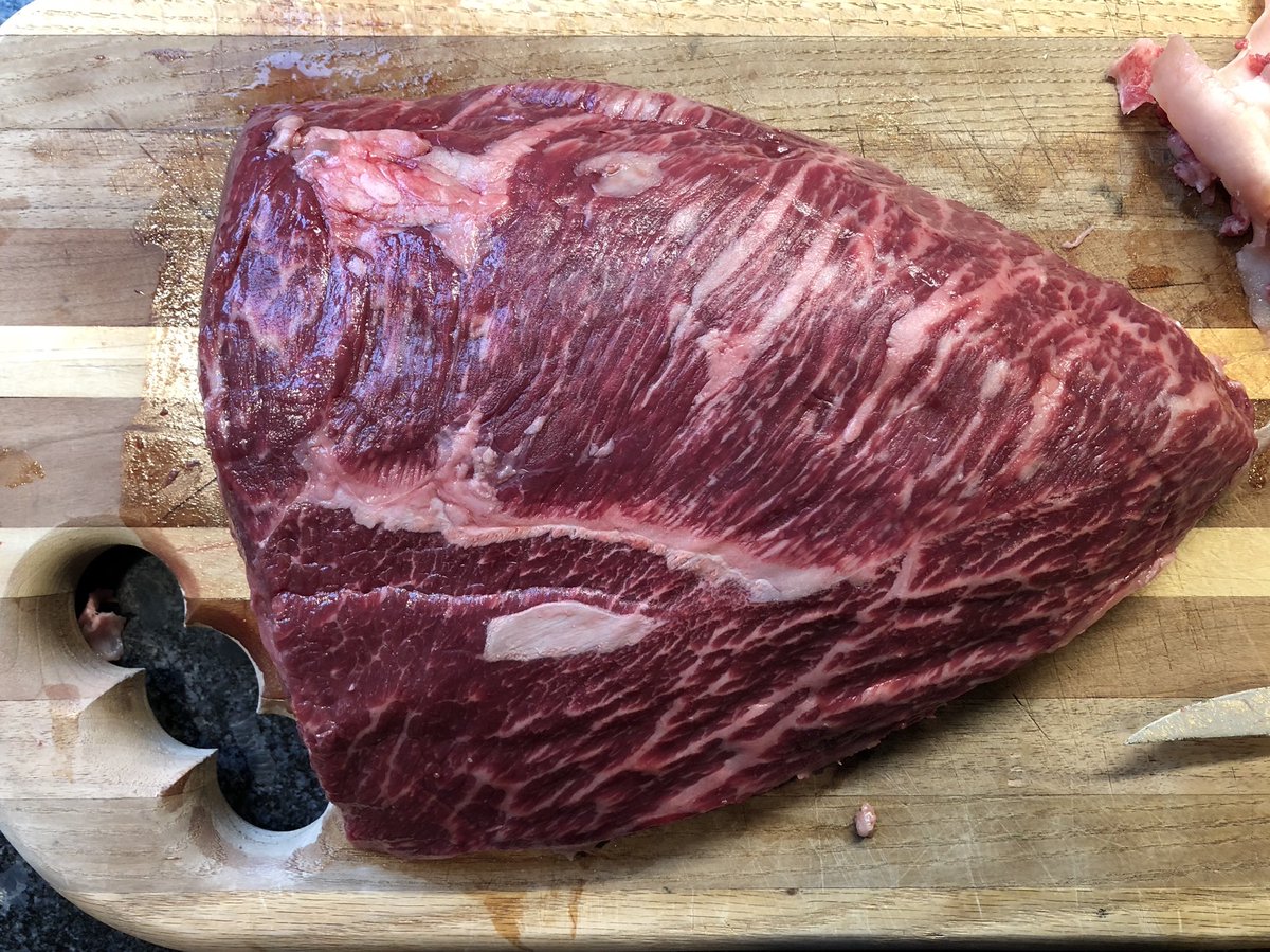 Wagyu Tri-Tip.  Trimmed fat will be ground into summer sausage mix.