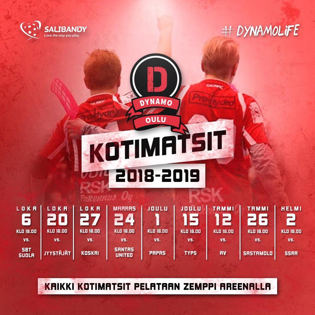 DynamoKempele's tweet photo. EDUSTUKSEN KOTIMATSIT!
Kausi alkaa viikon päästä launtaina Rovaniemellä ja jatkuu kotiavauksella 6.10. Zemppi Areenalla.
P.S. Kotimatseista tulee löytymään k-18 katsomonosa.
#salibandy #oulu #dynamolife https://t.co/1NKkZLP4U5