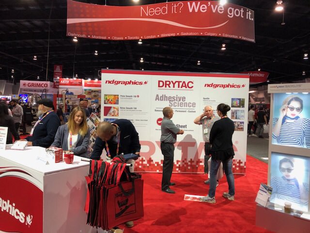 Drytac's tweet image. Just a little bit longer to come see us in the @NDGraphics booth at the Canada Sign Expo [@SACACE]. Come learn about all of our #adhesivescience offerings!