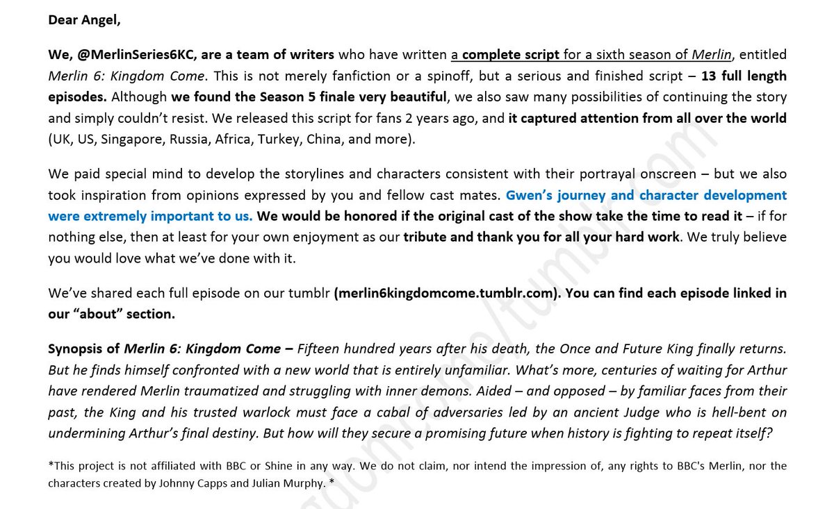 Allis1211's tweet photo. @Hushyabeak For the 10th anniversary of Merlin, I would like to share the letter of The Team @MerlinSeries6KC for the cast concerning the script Merlin6: Kingdom come. #Merlin #Merlin6kingdomcome #Merlin10years 
Happy anniversary to all the cast! 🥳🎆👍
https://t.co/1AoueM3Llm https://t.co/yDBazTfmBN