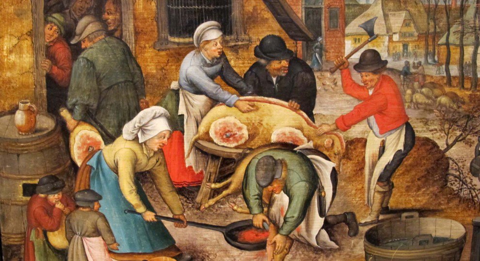 Peasants slaughtering a pig, by Flemish artist Pieter Brueghel, after 1616.