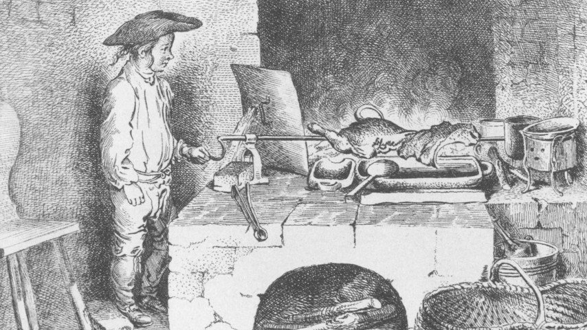 Der Knabe beim Bratenwenden, (The boy with the sausage spit) 1764 Etching. Artist: Daniel Nicolaus Chodowiecki