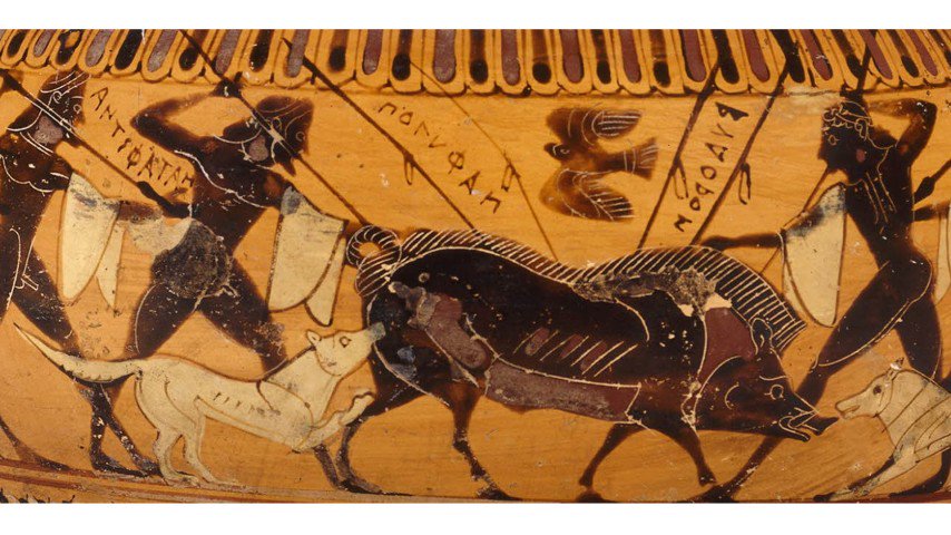 Boar Hunting 550BC. Detail from a Krater (vase) at the British Museum.
