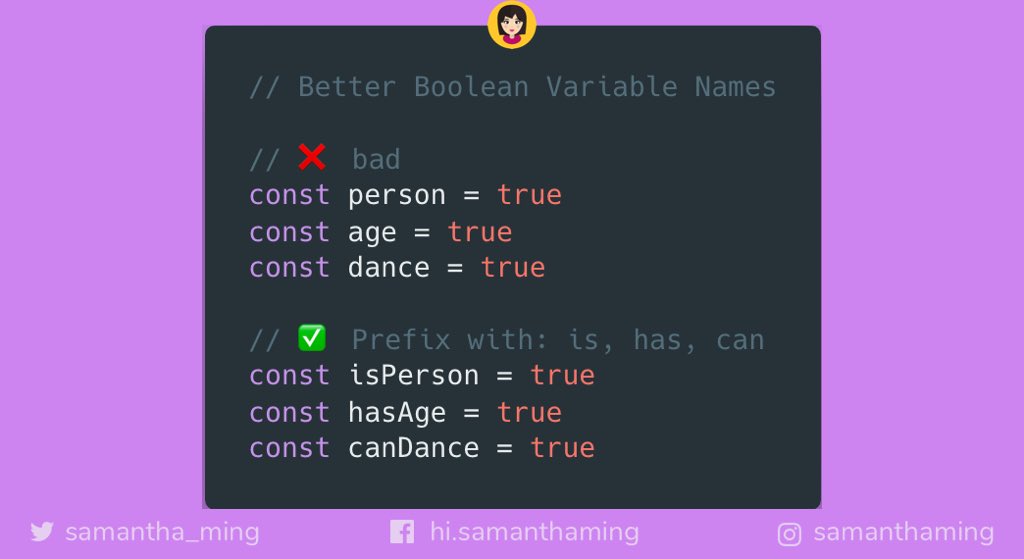 samantha_ming's tweet image. Better Boolean Variable Names 👏

Coming up with good variable names can be a challenge. For boolean values, you can follow this convention. Prefix it with `is`, `has`, or `can`. Just by reading the name, you&apos;ll know it&apos;s a boolean 👍

#100DaysOfCode #CodeNewbie #301DaysOfCode