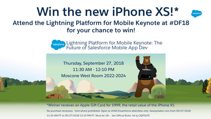 danmccall's tweet photo. Don't miss the @Salesforce  Mobile Keynote at #DF18! Get the latest mobile news from @LeylaSeka, @CherFeldman, and I, as well as a chance to win a $999 @Apple Gift Card to spend on an iPhone Xs! Full sweepstakes rules: https://t.co/HixFTwRnWu Enroll now: https://t.co/PTjbY0IPZL https://t.co/B7Y1SJhkDm
