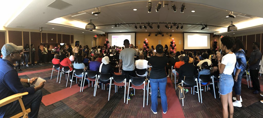 VolunteerBGCATL's tweet photo. Standing room only at #BGCGameJam presentations. This was the largest group of presenters and they enjoyed sharing their @BlackGirlsCode project. #BGC #BGCATL #STEM https://t.co/v3ArIgL2yz