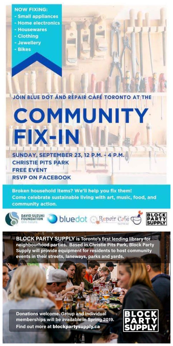 0wasteTO's tweet photo. Come to the Community FixIn @#ChristiePits Sun 9/23 w @DavidSuzukiFDN's Toronto Blue Dot Movement 🌎 @RepairCafeTO 🛠️ #BlockPartySupply #LendingLibrary launch🍴#zerowaste dish station 🍽️ mural 🎨🎸+more!💚https://t.co/VfnVDSZEfA We're #RicherWhenWeShare #LetsGetWastelessTO https://t.co/5PAscec0uz