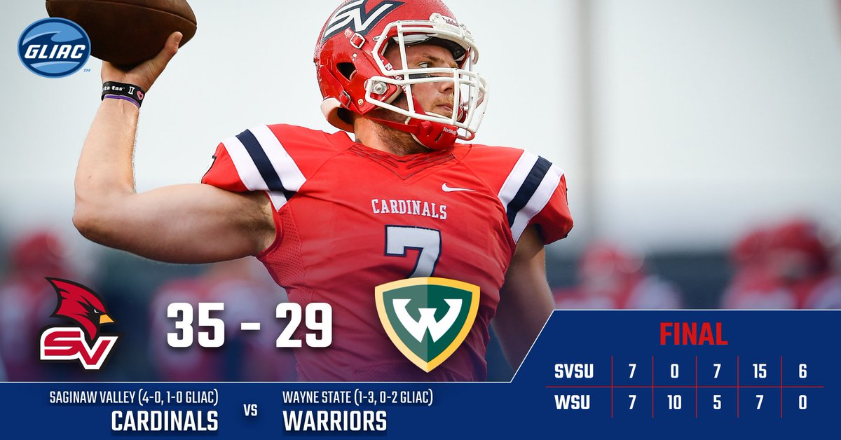svsuathletics's tweet photo. AND THE CARDS WIN! @svsu_football takes the overtime win against the Wayne State Warriors to win 35-29 and continue into next week 1-0 in GLIAC play and 4-0 overall! #BeaksUp #svsufb https://t.co/5s8sK1Af38