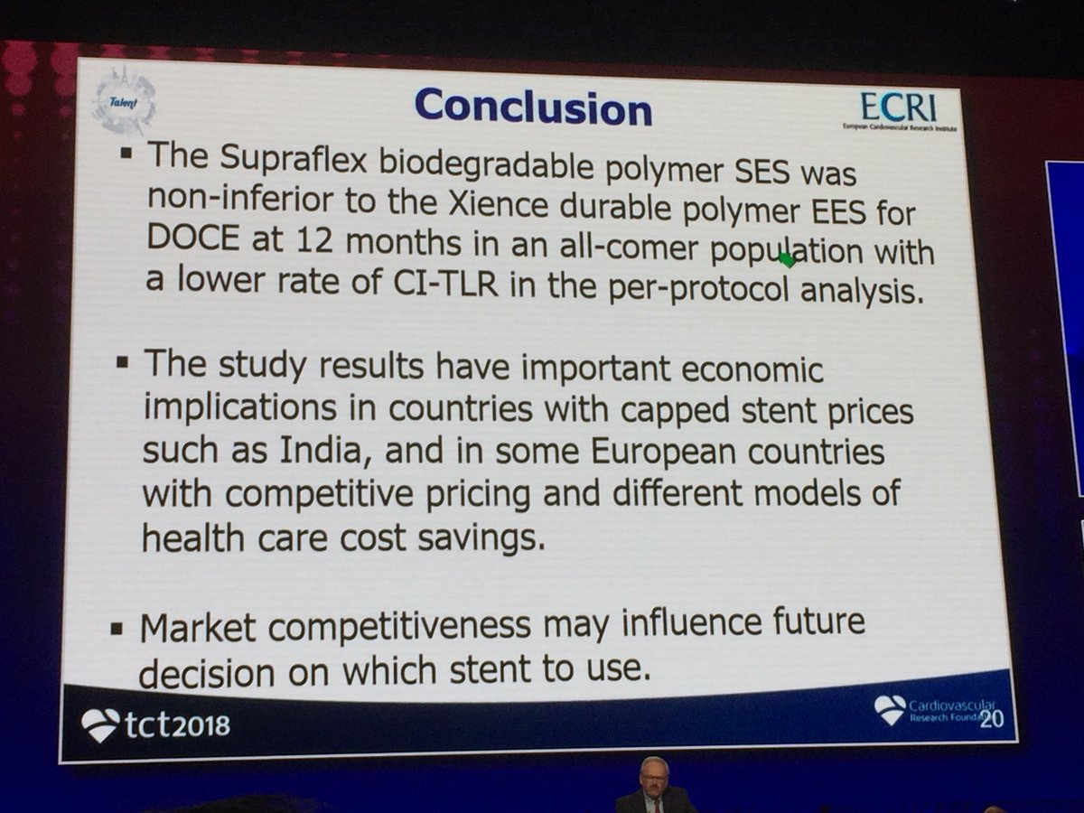 Pooh_Velagapudi's tweet photo. ‘TALENT’ trial shows the Supraflex biodegradable polymer SES was non inferior to the Xience EES for DOCE at 12 months! #TCT2018 @SVRaoMD @Drroxmehran @crfheart @Kandzari https://t.co/pdCLdjuVBW
