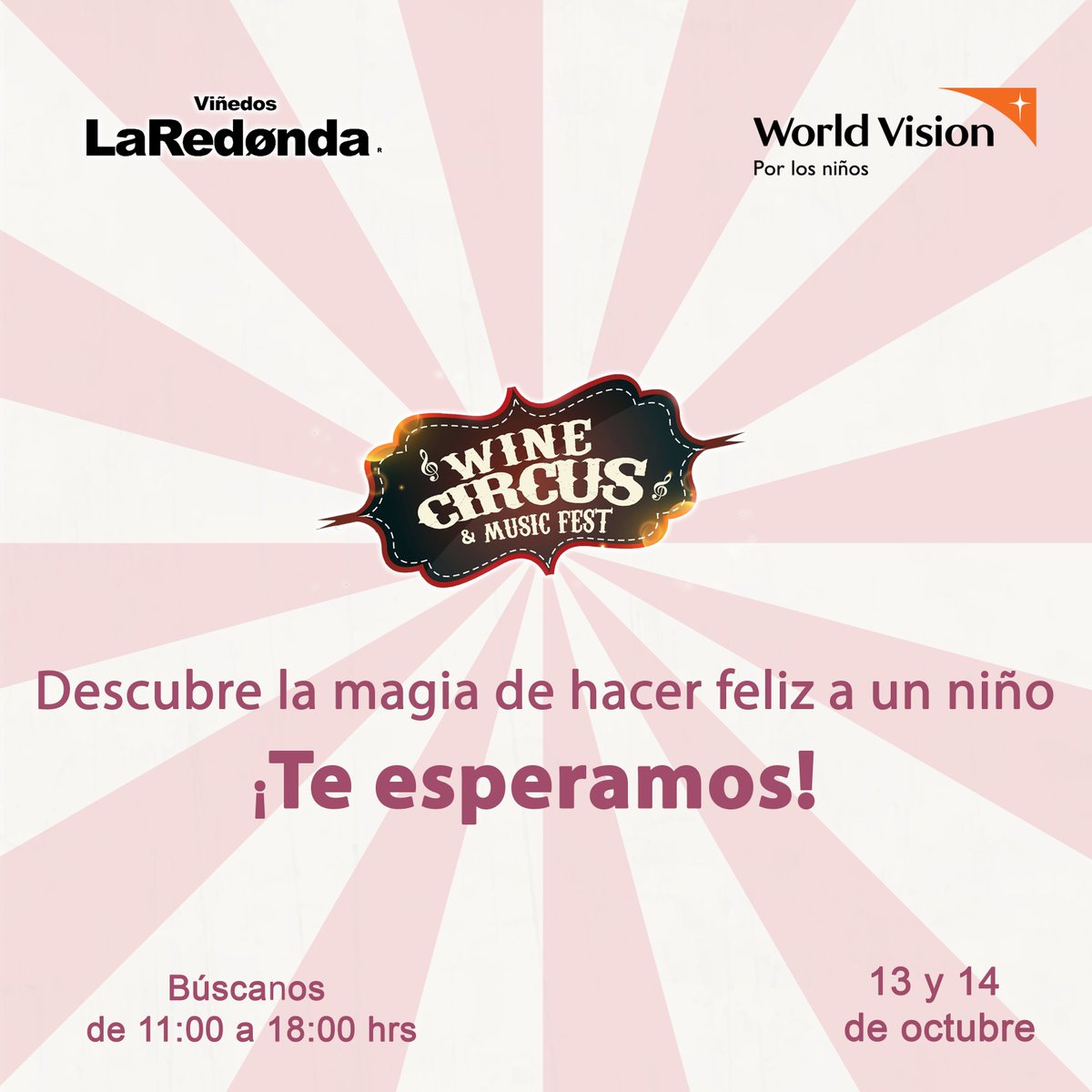 WorldVisionMx's tweet photo. ¿Te gustan los festivales? 🎉🙌🏻🎇 
Asiste a Wine Circus &amp; Music Fest, el 13 y 14 de octubre y disfruta de una gran variedad de espectáculos musicales y circenses en @LaRedonda 🤹👩🏻‍🎤🍷 ¡Nuestros #facers, te estarán esperando! #FelizSábado https://t.co/N98yzo2FdC