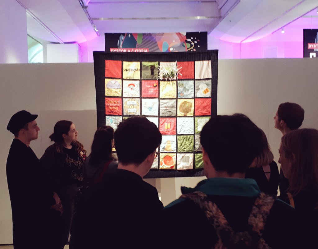 AmberRegis's tweet photo. My first art show! π©βπ¨
Quilt patches, sound snippets & written words by @sheffielducu members reflecting on #USSstrike, made into something beautiful & provocative by @hellomrwilliams @dlcwebb @_Jo_Ray & @MundaysMouth for @FestivalMind. β #dystopiaandresistance #strikework https://t.co/07yuTV2ZOd