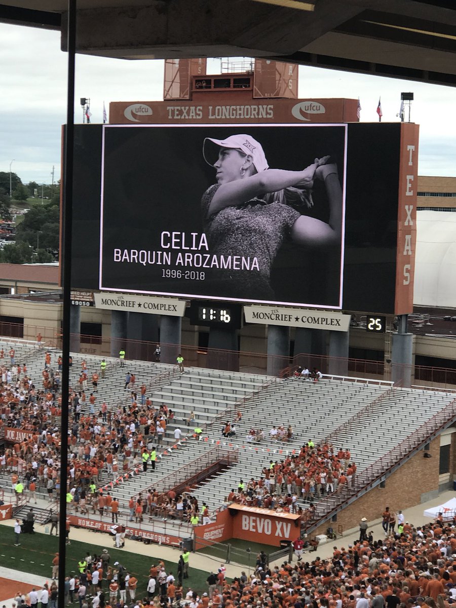 ChipBrown247's tweet photo. #Texas honors slain #IowaState golfer #CeliaBarquinArozamena with a moment of silence before #Longhorns v #TCU game. https://t.co/bgGl8sv5GS