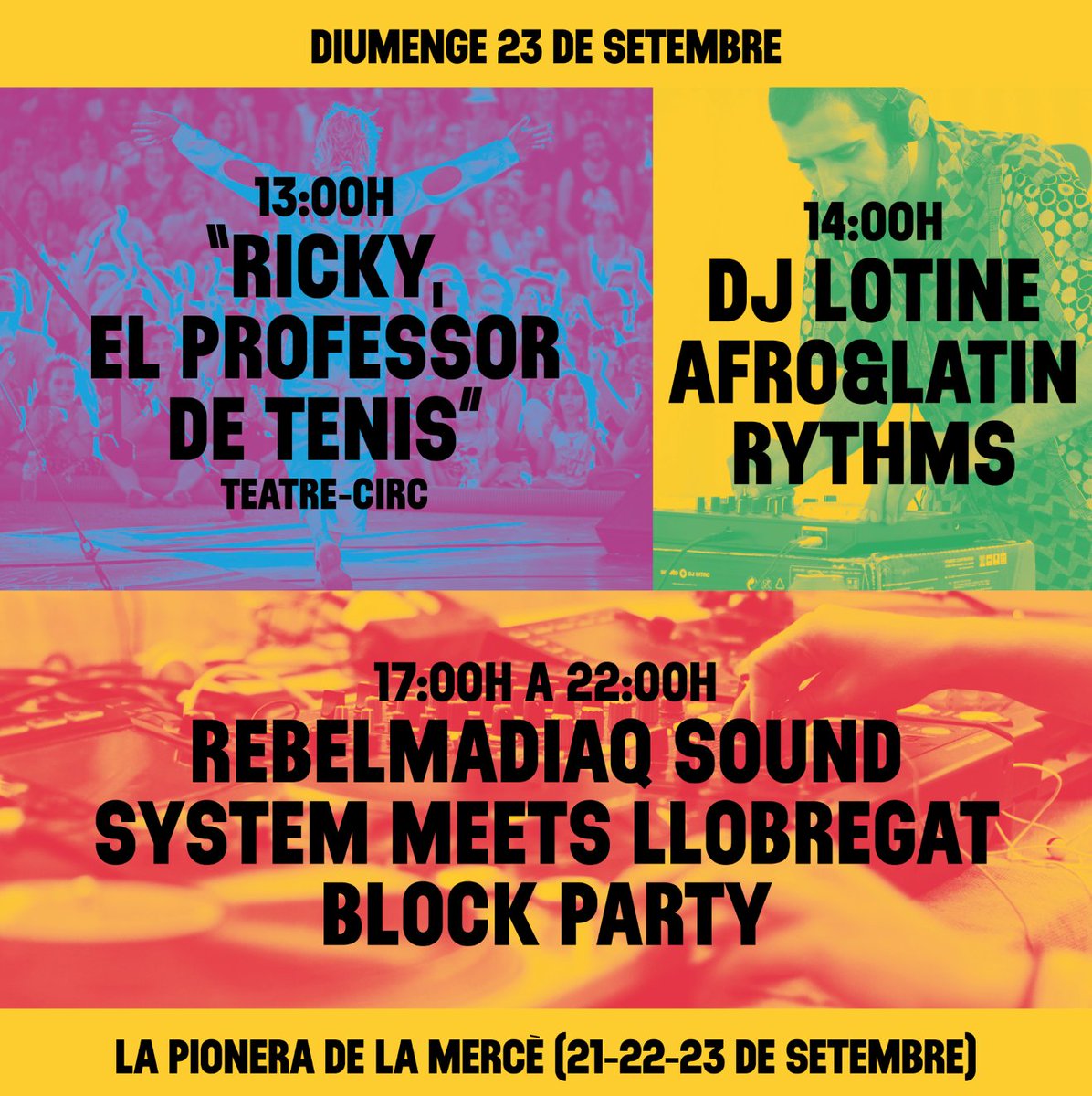 I demà diumenge, més! A les 13:00h Circ seguit de Dj Lotine (14h  i de 17h a 22h <a href="/Rebelmadiaq/">Rebelmadiaq Sound</a> de la mà de <a href="/festivalBAM/">Festival BAM</a>!  Foodtrucks, cervesa artesana de <a href="/LaFiradelPoble9/">La Fira del Poblenou</a>, disseny, artesania i projectes vinculats a l'economia social i al nou comerç amb <a href="/demanoenmanobcn/">demanoenmanobcn</a> #LaMercè18