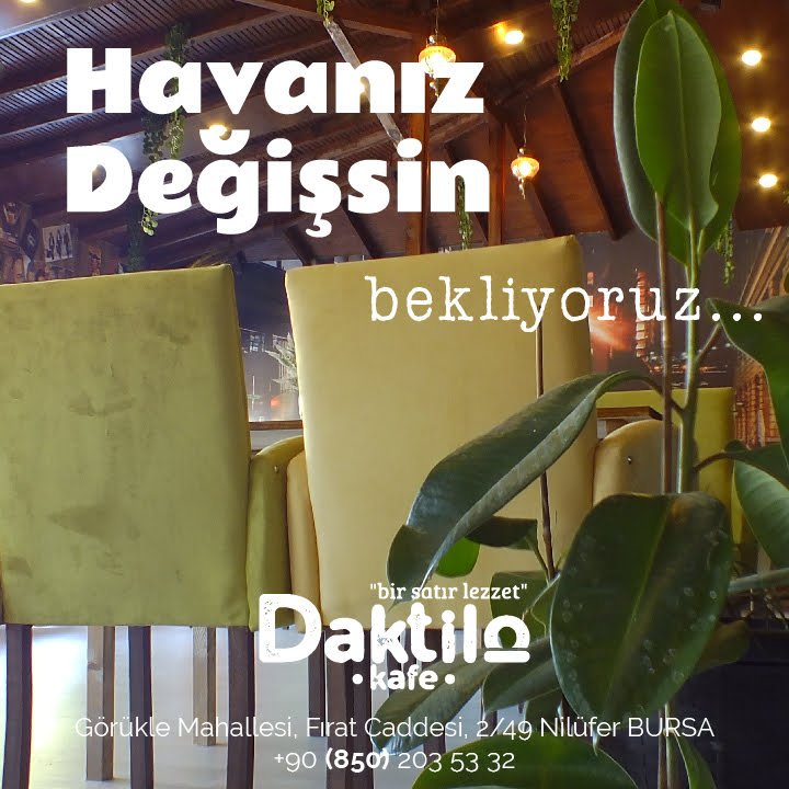 CafeDaktilo's tweet photo. Daktilo Cafe

Rezervasyon ve İletişim:
0850 203 53 32

Adres:
Görükle Mahallesi, Fırat Caddesi, 2/49
Nilüfer, BURSA https://t.co/rCkKCwqjqm