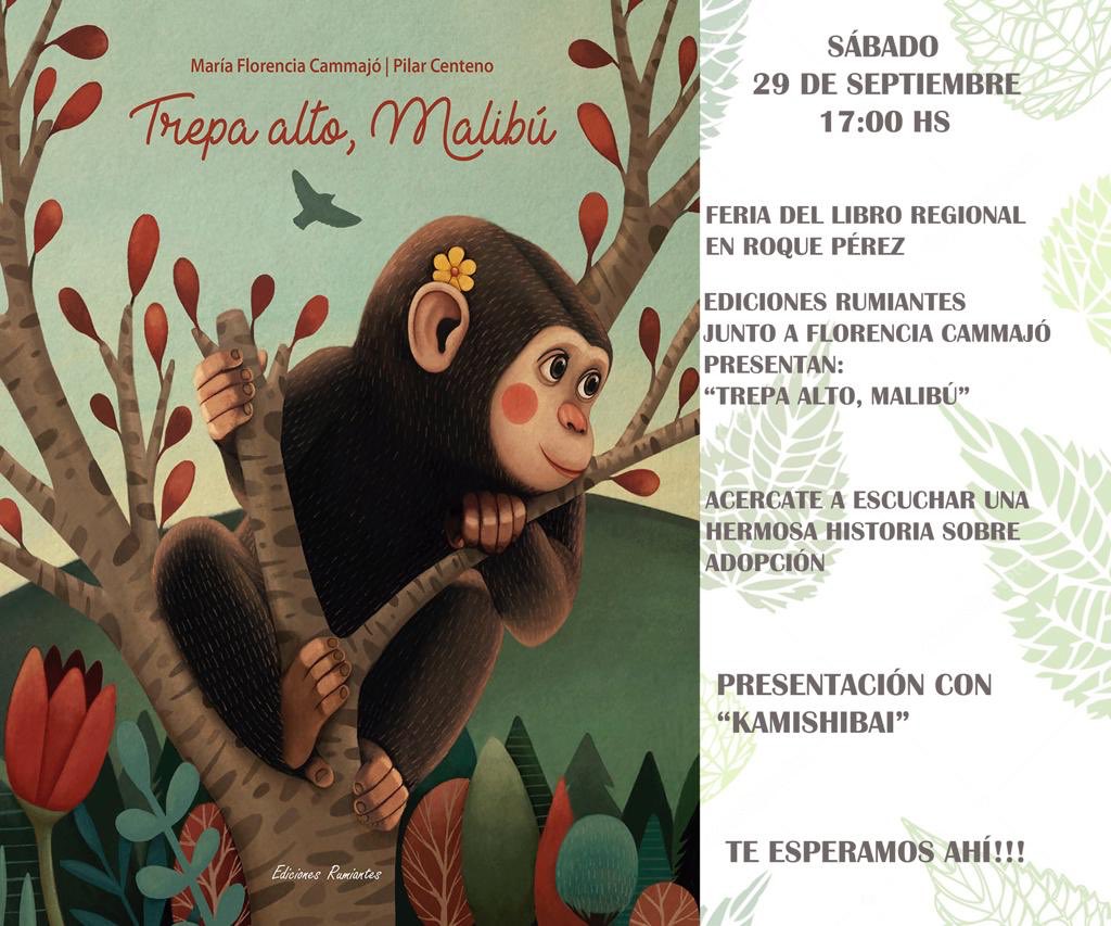 El sábado 29/9, 17 hs presentaremos el libro álbum “Trepa alto, Malibú” una hermosa historia de adopción👇 En la Feria del libro de Roque Pérez, Predio del Ferrocarril. La autora, Flor Cammajó, a través de su Kamishibai, dará vida Malibú. Te esperamos! Habrá sorteos y sorpresas!