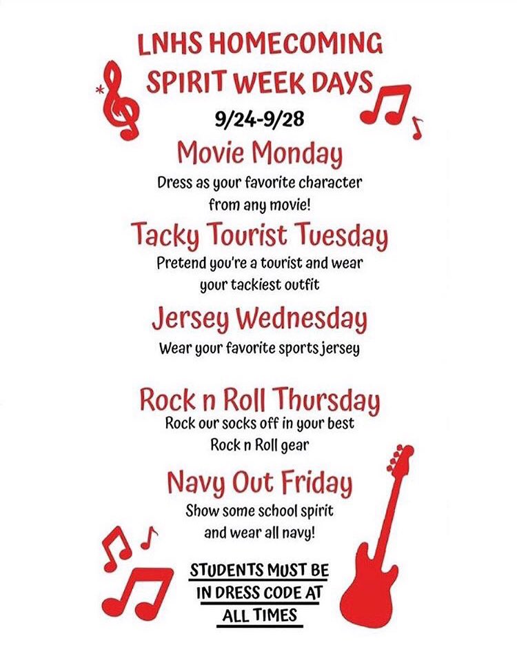 LNHS2021's tweet photo. Homecoming Spirit week is coming up and these are the days!!!! https://t.co/9Vs59Bdwxp