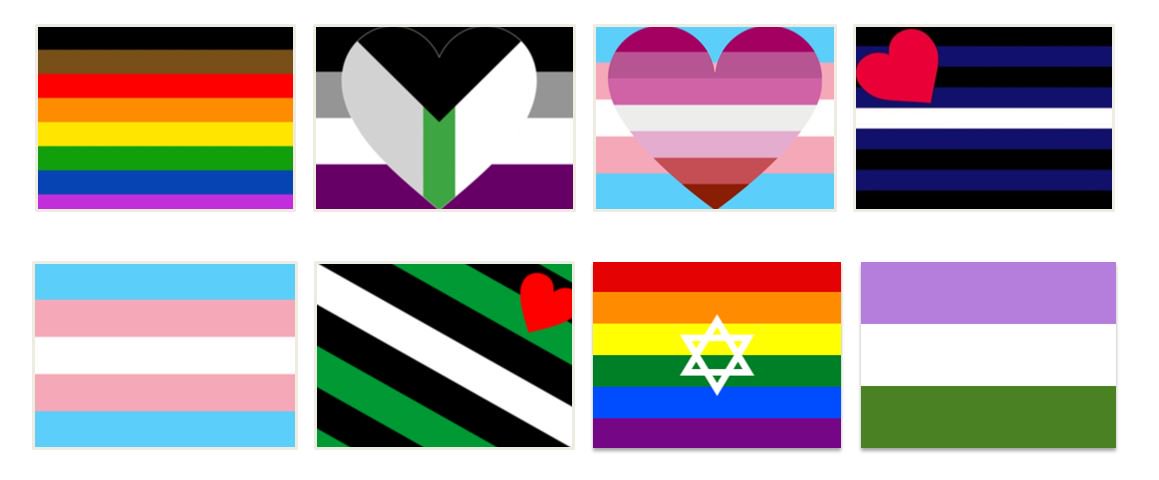 TGStoneButch's tweet image. Pride flags for MCs in #ShockingViolet
-queer
-demiro ace spec
-trans lesbian pride
-leather
-trans
-leather boy
-Jewish queer
-genderqueer

I looked for femme &amp;amp; butch pride flags but ones I found were lesbian &amp;amp; that didn't fit the chars. 

#LGBTWIP