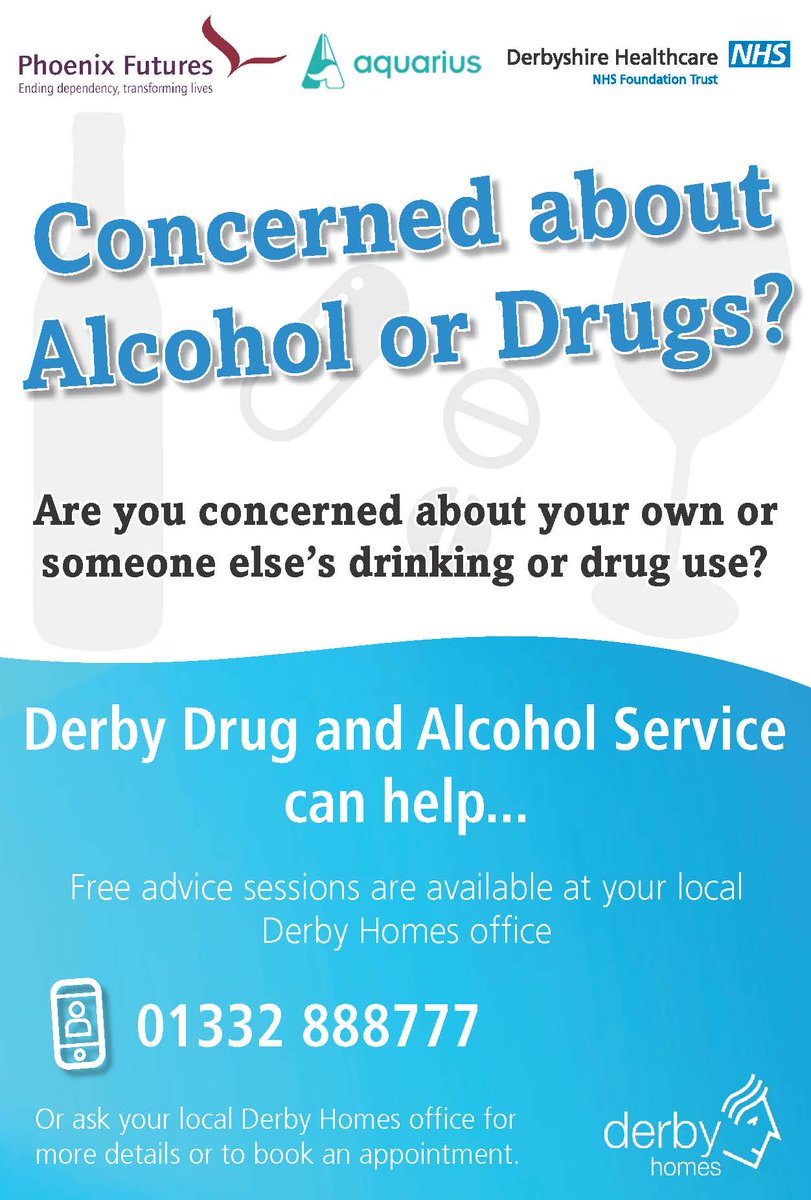 DerbyHomes's tweet photo. Free drug &amp; alcohol advice from @AquariusTweets @ Stockbrook St, Wed 9:30am-12:30pm #derbyuk https://t.co/T3rhT7Nm8C https://t.co/uwkRcafoM1