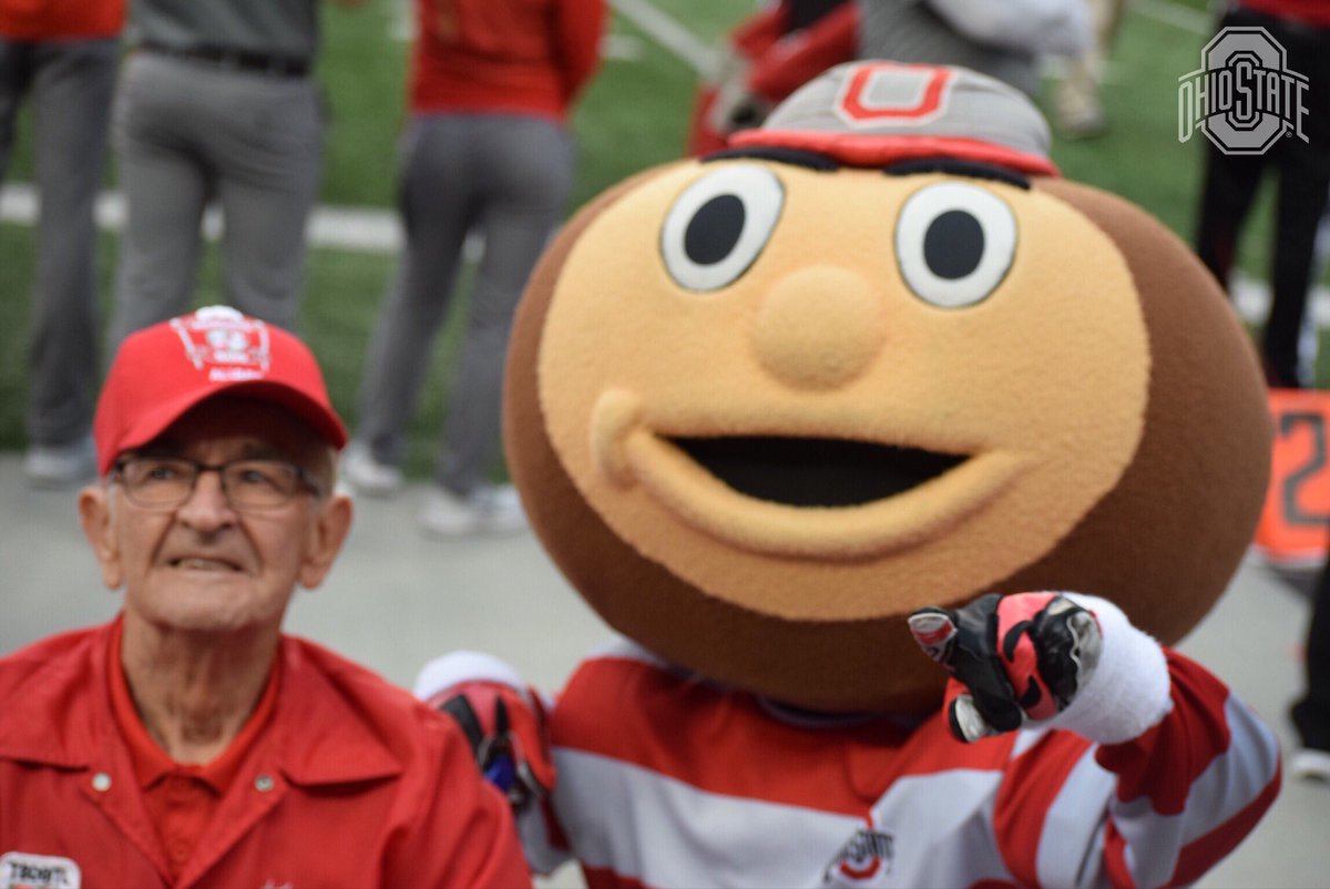 Brutus_Buckeye's tweet photo. 💯 shoutout to Anthony Violi our 100 years young i-dotter at halftime today! 
Bravo @TBDBITL @OhioStateAlumni #GoBucks https://t.co/TRhgxTrP8C