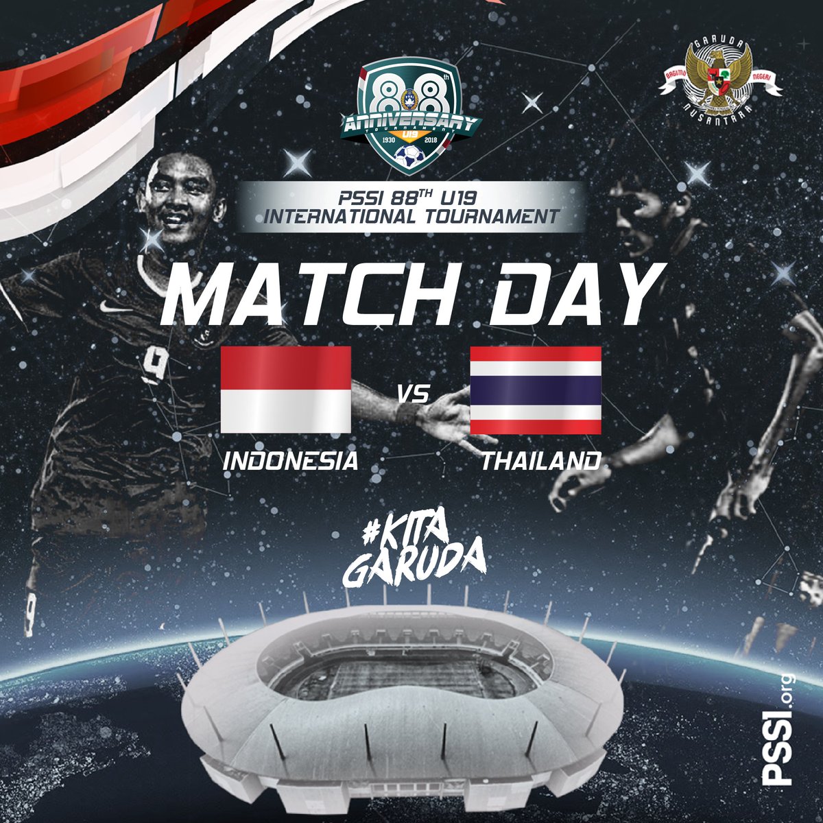 PSSI's tweet photo. Timnas Indonesia U-19 akan bertemu Thailand pada ajang PSSI 88th International Tournament di Stadion Pakansari, hari ini, pukul 18.30 WIB.

Dukung dan saksikan aksi Garuda Nusantara dalam persiapannya menuju Piala Asia U-19 2018!

#PSSINow #KitaGaruda https://t.co/WNrISccIXw