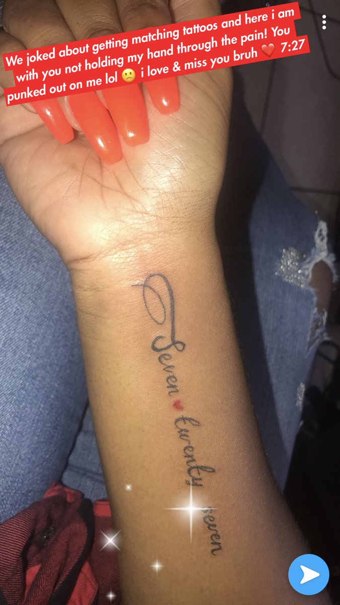 _iMTeliahh's tweet photo. We joked about getting matching tattoos and here i am, with you not holding my hand through the pain! You punked out on me lol 🙁 i love & miss you bruh ❤️ 7:27 #RipTuck #RipDede https://t.co/9Q8dGGzywm